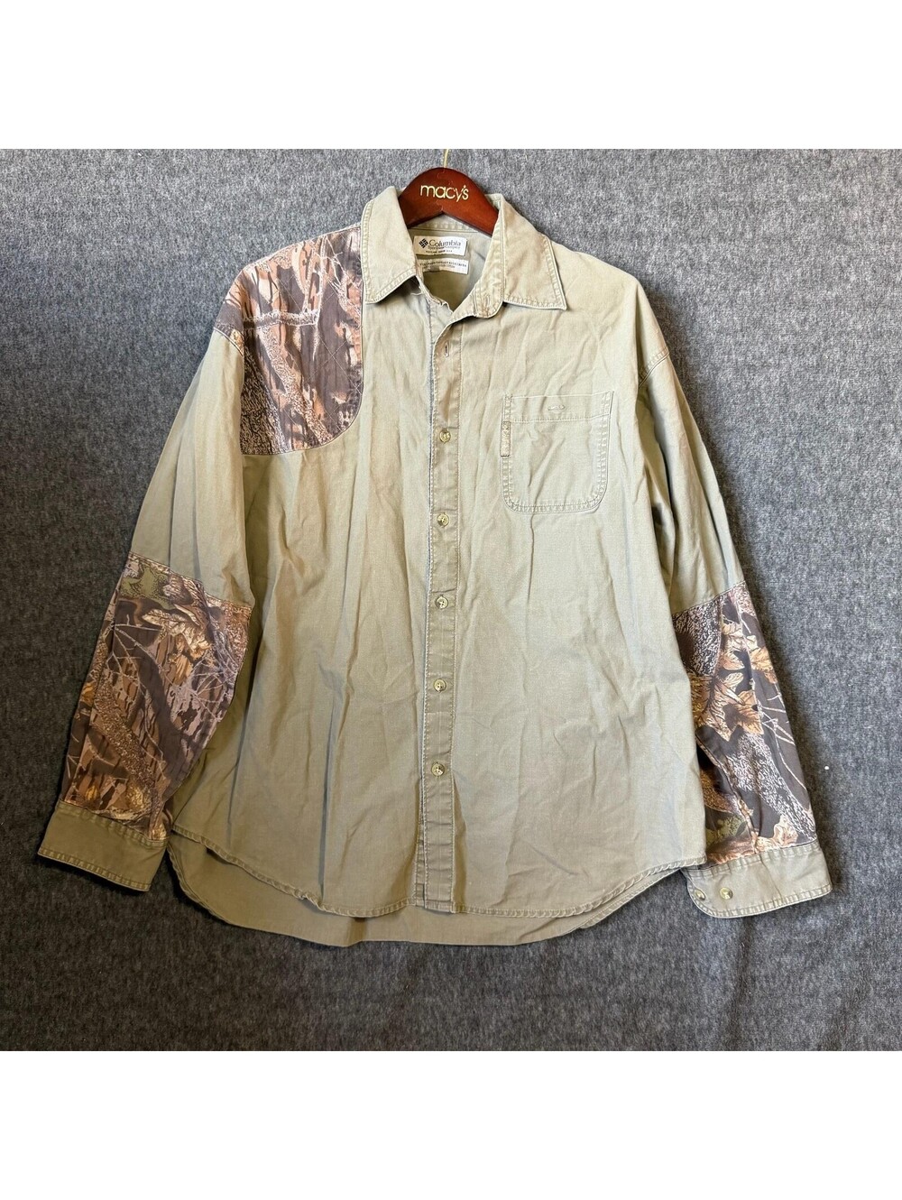 Columbia Button Up Shirt Mens XL Beige Camo Patches Cotton Long Sleeve Hunting